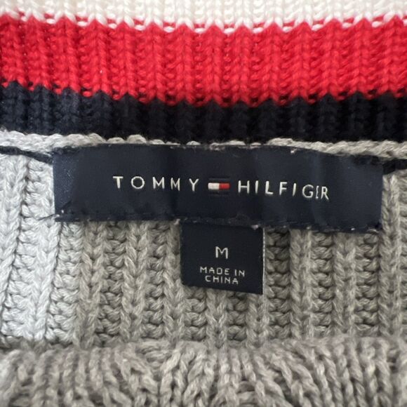 Tommy Hilfiger Varsity Cable Knit Sweater Gray Red White Blue Womens M Preppy - Picture 3 of 7
